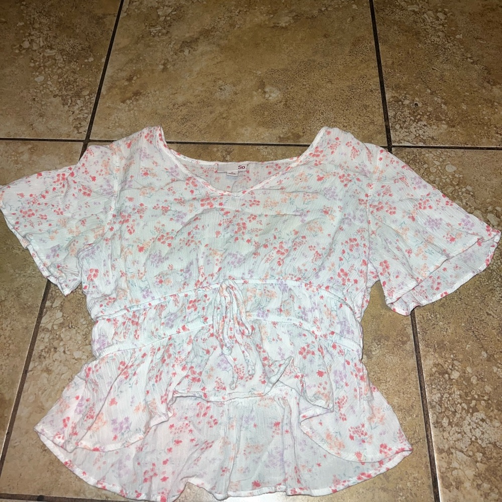 So white, pink, periwinkle, and peachy floral blouse, Women’s size small